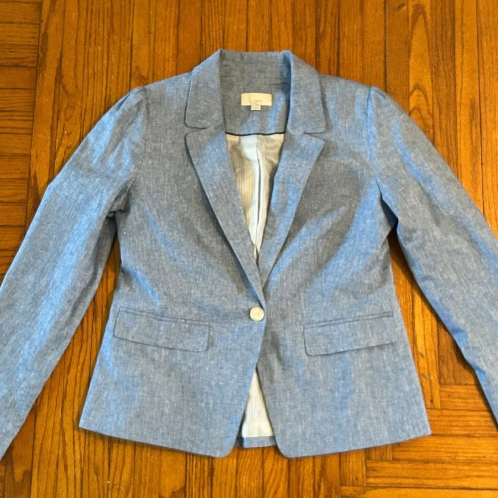 LOFT Blue Linen Blend Chambray Blazer Single Button Jacket Size 4 Preppy Classic - Picture 2 of 10